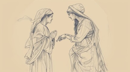 Wall Mural - Mary and Elizabeth Meeting, Both Pregnant, John Leaping in Womb, Biblical Illustration, Beige Background, Copyspace