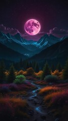 Wall Mural - illustration of mountains with beautiful moon