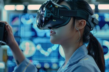 Poster - Close-up of an Asian engineer using virtual reality to analyze data