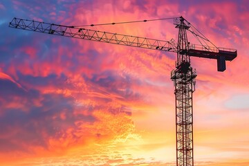 Wall Mural - Construction crane silhouette against a vibrant sunset sky