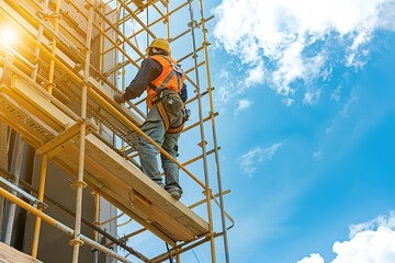 Construction worker climbing a scaffold on a bright day