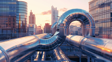 Wall Mural - A long pipe is seen in the city with a skyline in the background. The pipe is silver and he is a part of a larger system. Concept of industrialization and urbanization, with the city