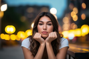 Wall Mural - outdoor portrait of a young brunette woman leaning her head on her hands