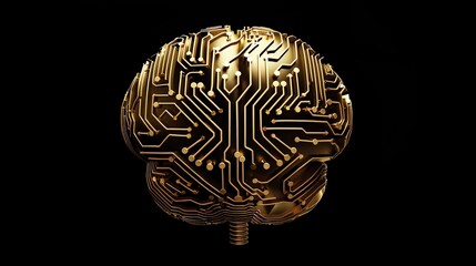 Poster - 3D vector illustration of golden circuit board shaped brain, black background, symmetrical composition, tech elements, artificial intelligence concept