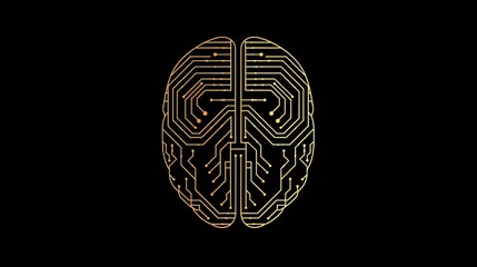 Poster - Vector logo of human brain made from circuit board, graphic design, black background, golden lines, front view, artificial intelligence concept, copy space