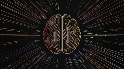 Poster - Digital brain made of circuit board, vector logo of human brain made from circuit board and brain soft rainbow line, graphic design, black background, golden lines around in background