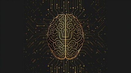 Wall Mural - Vector logo of human brain made from circuit board, graphic design, black background, golden lines, front view, artificial intelligence concept