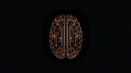 Poster - Vector logo of human brain made from circuit board, graphic design, black background, golden lines, front view, artificial intelligence concept