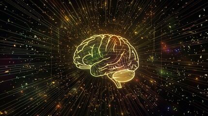 Poster - Digital brain made of circuit board, vector logo of human brain made from circuit board and brain soft rainbow line, graphic design, black background, golden lines around in background
