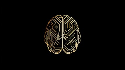 Poster - Vector logo of human brain made from circuit board, graphic design, black background, golden lines, front view, artificial intelligence concept, copy space