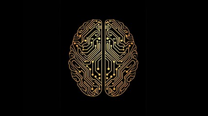 Wall Mural - Vector logo of human brain made from circuit board, graphic design, black background, golden lines, front view, artificial intelligence concept, copy space