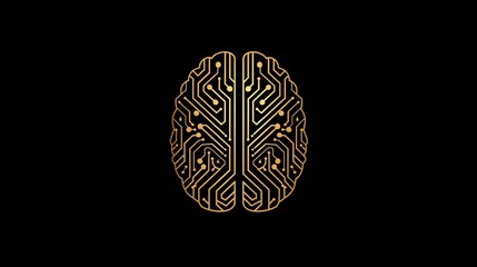 Poster - Vector logo of human brain made from circuit board, graphic design, black background, golden lines, front view, artificial intelligence concept, copy space