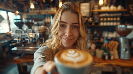 Cheerful young lady in a casual sweater sipping coffee indoors.