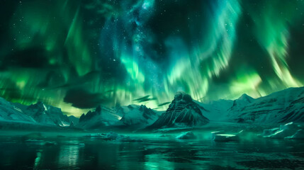 Wall Mural - Natural landscape of northern lights in a mountainous area. Winter snowy view of majestic mountains with natural glow from above. Nature concept.