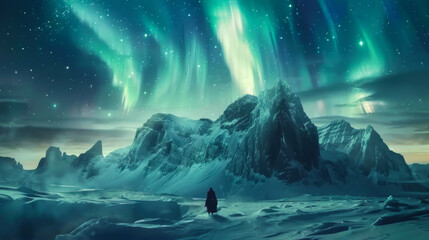 Wall Mural - Natural landscape of northern lights in a mountainous area. Winter snowy view of majestic mountains with natural glow from above. Nature concept.