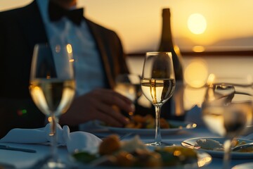 Man in formal attire enjoys a luxurious captain's dinner aboard a yacht against a stunning sunset backdrop