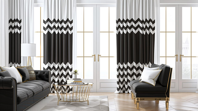 sophisticated black and white chevron patterned curtains featuring gold trim, framing tall windows, 