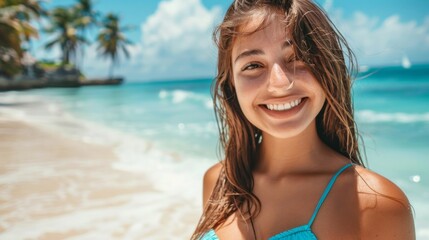 Wall Mural - A woman is smiling and standing on a beach