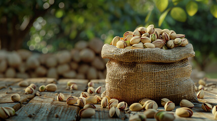 Wall Mural - Pistachio nuts with shell in the sack, pistachios tree farm background