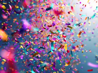 Illustrate a vibrant confetti explosion, symbolizing celebration and achievement, using digital techniques to create a photorealistic image