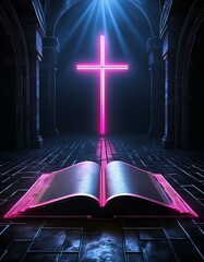 Canvas Print - Christian Cross with Bible - Symbol of Christianity - Enlightening by Reading the Bible - Book of Christians - Cross symbol - Crucifixion of Jesus Christ - Holy Rays - Blessing from Above
