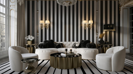 Wall Mural - a chic black and white striped accent wall adorned with metallic gold sconces