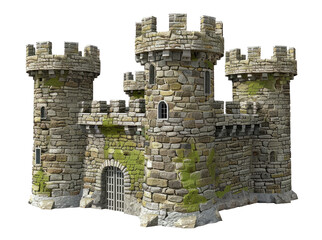 Medieval fortress feudal castle with towers for surveillance isolated over white background. 3D rendering