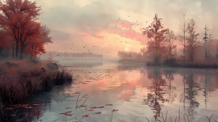 Wall Mural - A serene riverbank at dawn, the water reflecting the soft pastel colors of pink and red