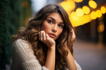 Wall Mural - outdoor portrait of a young brunette woman leaning her head on her hands