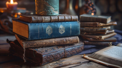 Wall Mural - Spell books on ancient wooden desk - Closeup view of stacked spell books on old wooden desk