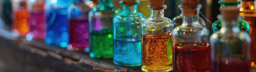 Wall Mural - Colorful potion bottles closeup on table