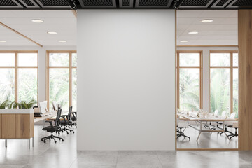 Poster - Stylish office interior with workspace and window. Mock up empty wall