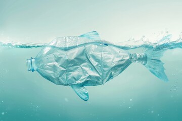 Plastic bottle turning into a fish, symbolizing ocean cleanup, Environmental Awareness, Illustration