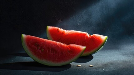 Wall Mural - Bright red watermelon sliced against a dark backdrop