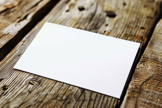 a mockup of a blank white postcard on a wooden table	
