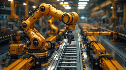 Fototapete - automation robot arms machine on modern virtual interface data real time in intelligent factory manufacturing of industrial digita