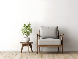 Wall Mural - Minimalist Living Room with Comfortable Armchair and Wooden Accent Pieces