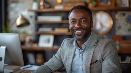 Poster - portrait of a successful mature experienced financier a businessman behind the desk smiling and staring at the camera and an african american man at work