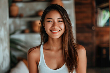 Wall Mural - A woman with long brown hair is smiling and wearing a white tank top