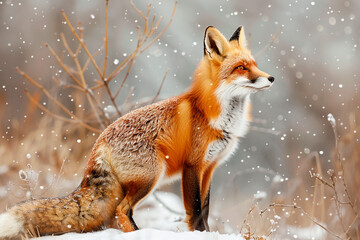 Canvas Print - A fox is standing in the snow, looking at the camera