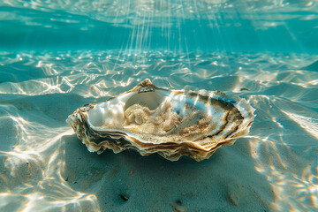 Poster - A large shell is sitting on the sand in the ocean