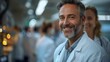 © Wiseman - portrait of a smiling mature doctor in front of team in hospital