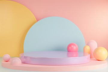 Wall Mural - 3D render Minimal scene with podium and abstract background. Pastel colors with shapes interior product show