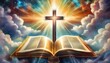 © Eggy - Christian Cross with Bible - Symbol of Christianity - Enlightening by Reading the Bible - Book of Christians - Cross symbol - Crucifixion of Jesus Christ - Holy Rays - Blessing from Above