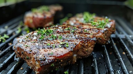 Wall Mural - Sizzling Grilled Steak with Herbs and Spices