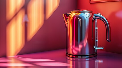 A vibrant 3D illustration of a modern electric kettle with a sleek metallic finish, placed on a bright, contrasting background to highlight its design and features.