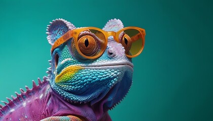 Wall Mural - Rainbow Colour Chameleon closeup at plain Teal background ,Chameleon Sitting ,nature ,reptile ,lizard ,dragon , animal ,green , branch ,illustration.