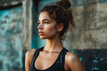 Wall Mural - A woman with a ponytail and a tank top is standing in front of a wall