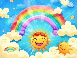 sunny days bright, cheerful illustrations of sun, clouds, and rainbows