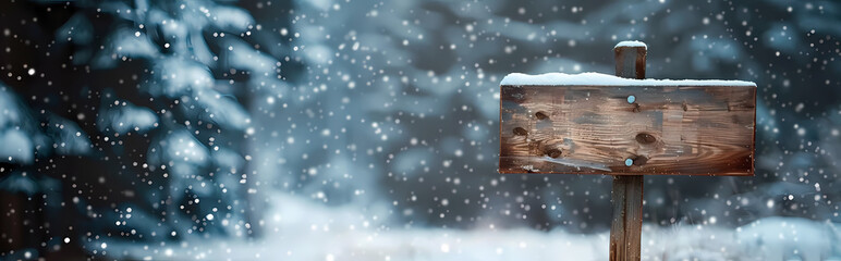 Wall Mural - Image of wooden sign over snow falling and winter scenery at christmas 